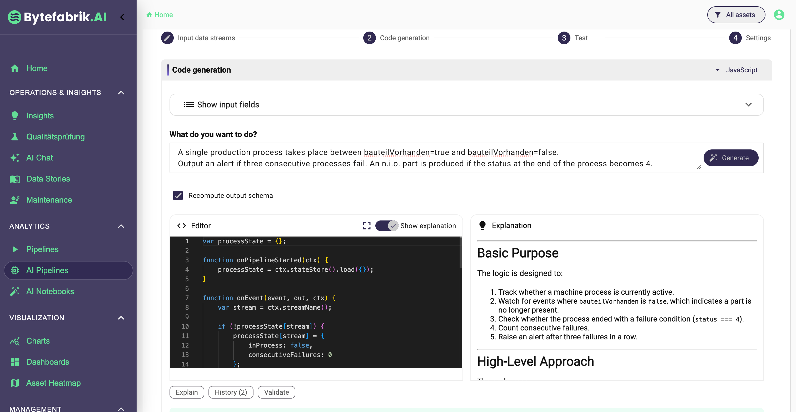 Beispiel für eine AI Pipeline im Bytefabrik IoT Data Hub