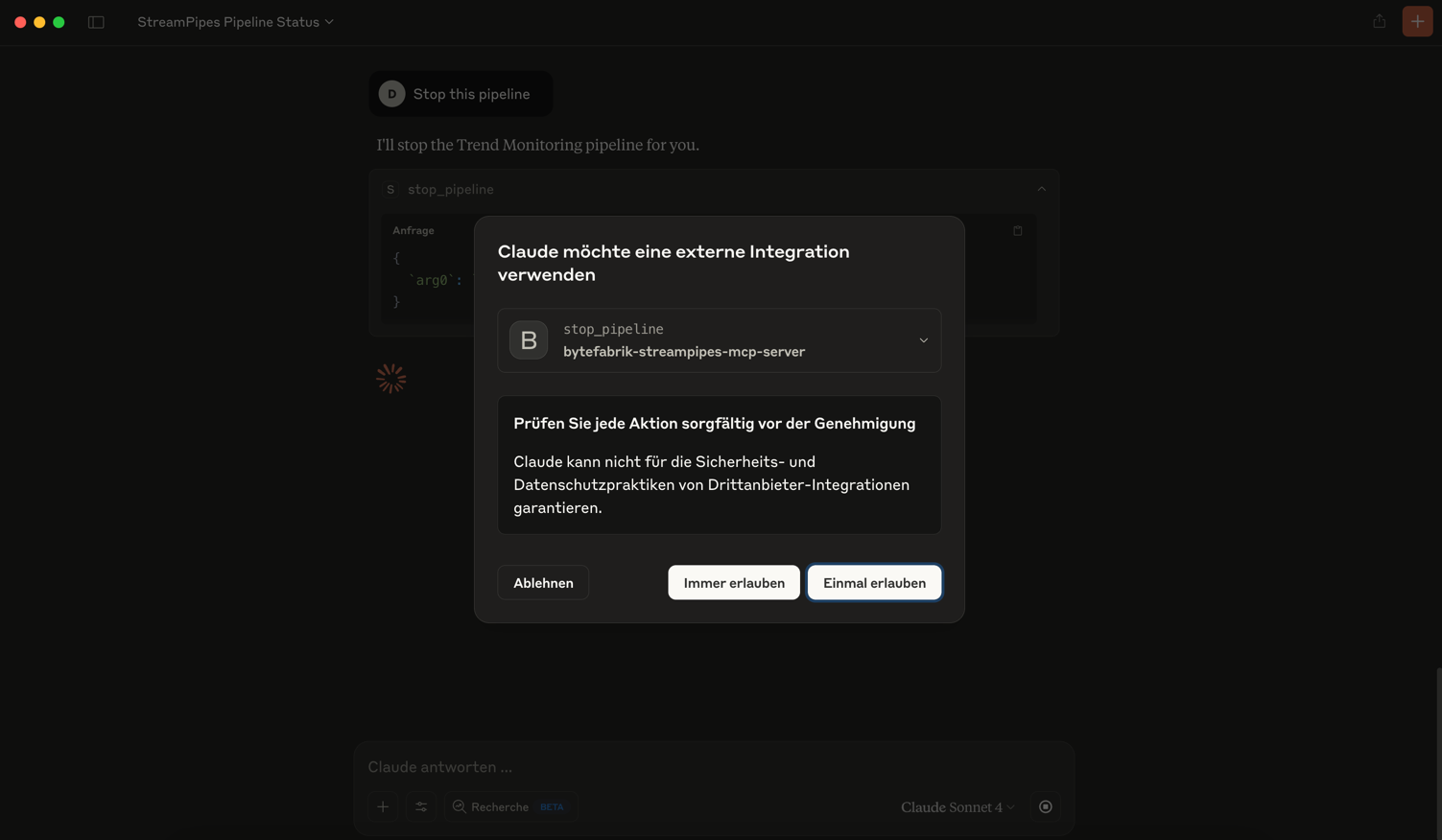 Allow Claude to access the StreamPipes tools