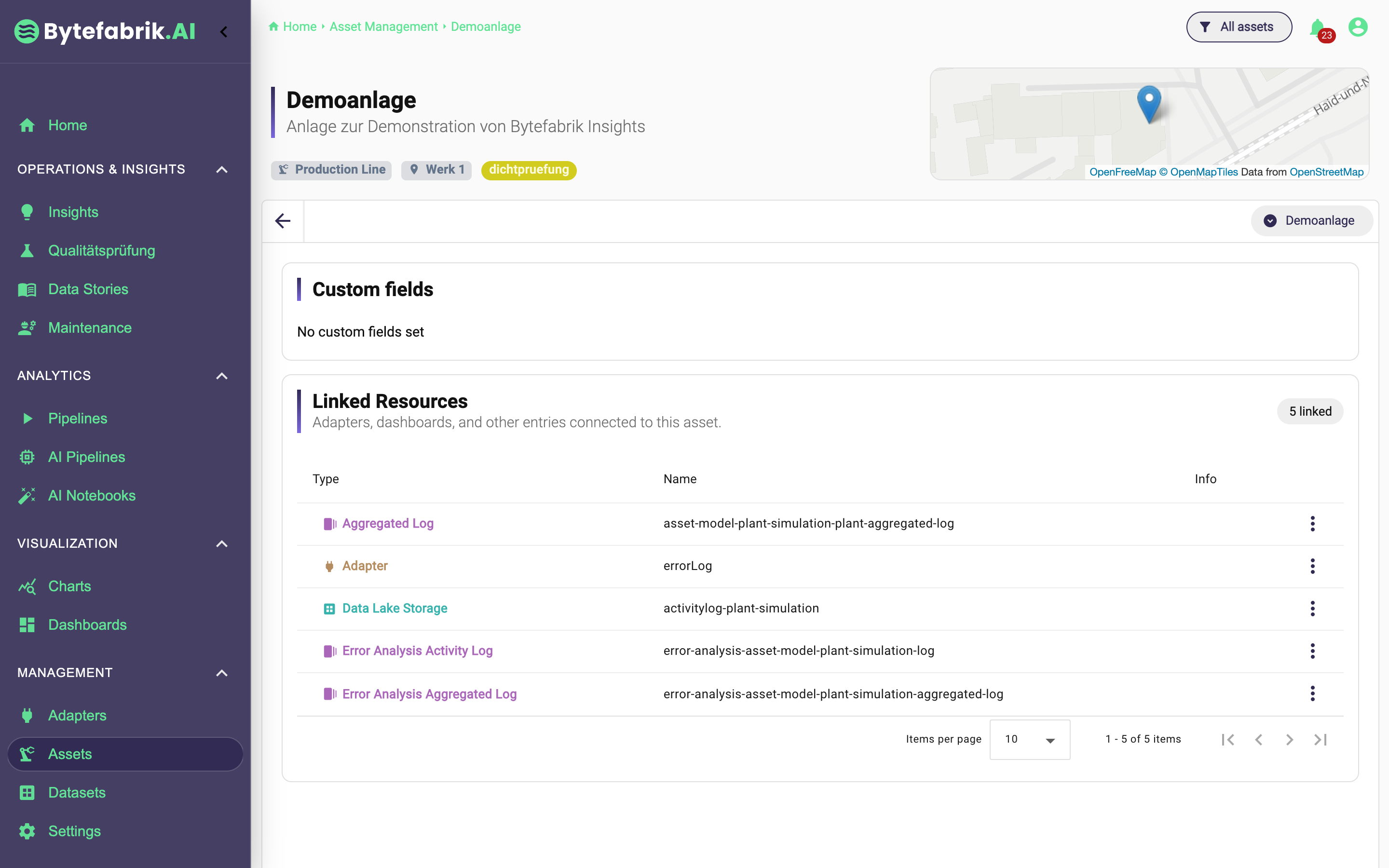 Asset-Detailansicht mit verknüpften Datenquellen und Anwendungen im IoT Data Hub